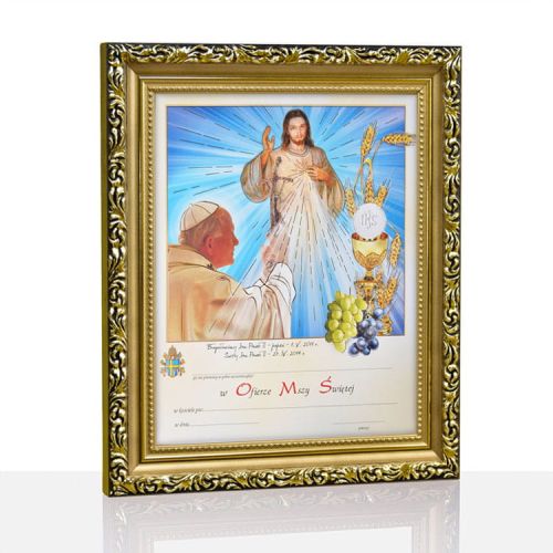 Obrazek komunijny w ramce - Jezus Miłosierny i Jan Paweł II