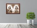 Obraz religijny na płótnie Serce Maryi i Serce Jezusa w ramie drewnianej ze złotym paskiem
