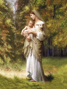 Plakat religijny Matka Boża i Dzieciątko Jezus i baranek