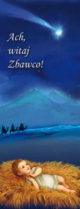 Baner na Boże Narodzenie,  "Ach witaj Zbawco", niebieski 50x130 cm