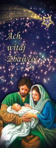 Baner na Boże Narodzenie, "Ach Witaj Zbawco" ciemny granat ze złotą gwiazdą 50x130 cm