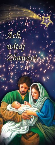 Baner na Boże Narodzenie, "Ach Witaj Zbawco" ciemny granat ze złotą gwiazdą 50x130 cm