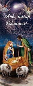 Baner na Boże Narodzenie, "Ach Witaj Zbawco" granatowy z Aniołami 50x130 cm