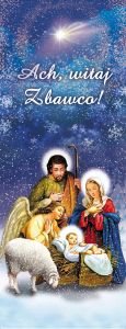 Baner na Boże Narodzenie, "Ach Witaj Zbawco" niebieski,  płatki śniegu 50x130 cm
