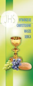 Baner na Boże Ciało, "Otwórzcie serca" zielony 50x130 cm