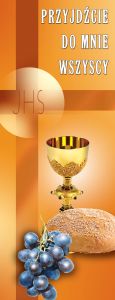 Baner na Boże Ciało, "Przyjdźcie do mnie" pomarańczowy 50x130 cm