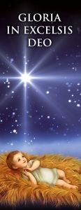 Baner na Boże Narodzenie, "Gloria in Excesis Deo"  granatowy z Jezuskiem 75x200cm
