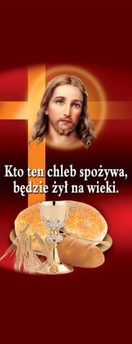 Baner na Boże Ciało "kto ten chleb" czerwony 50x130 cm
