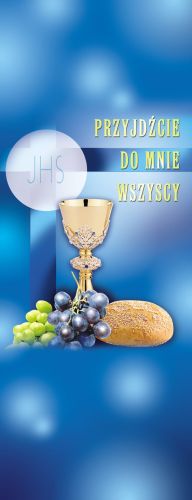 Baner na Boże Ciało "przyjdźcie do mnie" niebieski 50x130 cm