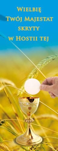 Baner na Boże Ciało "Wielbię twój" niebiesko-żółty 50x130 cm