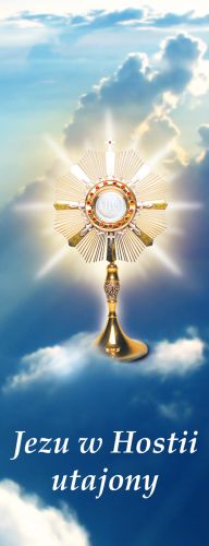 Baner na Boże Ciało "Jezu w Hostii.." błękitny 50x130 cm
