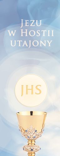 Baner na Boże Ciało "Jezu w Hostii.." błękitny 50x130 cm