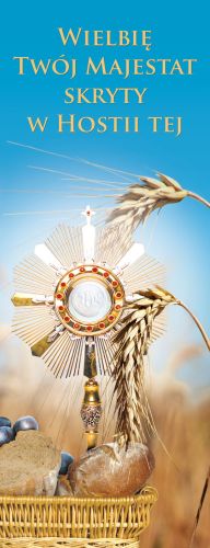 Baner na Boże Ciało "Wielbię Twój.." niebieski 50x130 cm