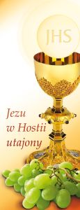 Baner na Boże Ciało "Jezu w Hostii.." kremowy 50x130 cm
