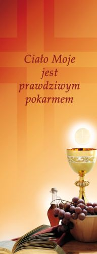 Baner na Boże Ciało "Ciało Moje jest.." pomarańczowy 50x130 cm
