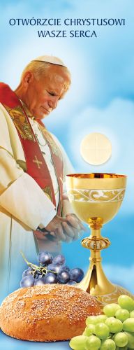 Baner na Boże Ciało "Otwórzcie.." błękitny 50x130 cm