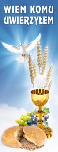 Baner na Boże Ciało "Wiem komu uwierzyłem" 50x130 cm