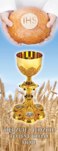 Baner na Boże Ciało, "Bierzcie i jedzcie.." błękitny 75x200 cm