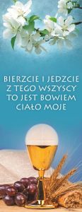 Baner na Boże Ciało, "Bierzcie i Jedzcie..." niebieski 75x200 cm