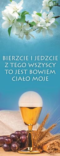 Baner na Boże Ciało, "Bierzcie i Jedzcie..." niebieski 75x200 cm