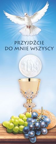Baner na Boże Ciało, "Przyjdźcie do mnie...." niebieski 75x200 cm