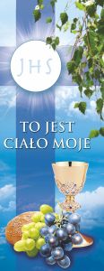 Baner na Boże Ciało, " To jest ciało moje " niebieski IHS 75x200 cm