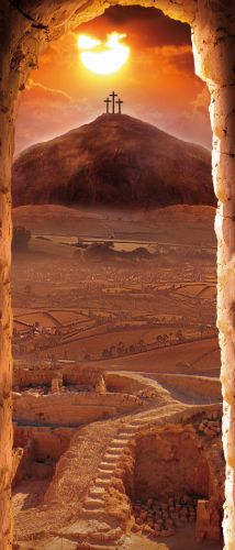Tło do Grobu Pańskiego, zachodzące słońce nad Krzyżami 120x200cm