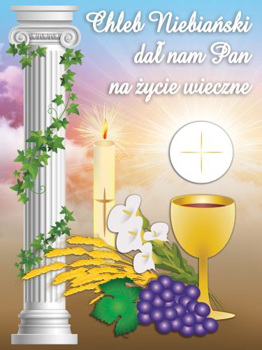 Baner na Pierwszą Komunię Świętą "Chleb niebiański dał nam Pan" 75x100 cm