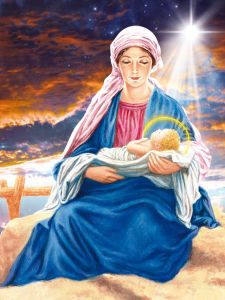 Plakat religijny Matka Boża i Dzieciątko Jezus, Betlejem, gwiazda Betlejemska i Boże Narodzenie