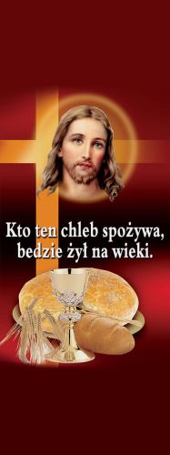 Baner na Boże Ciało "kto ten chleb" czerwony 75x200 cm