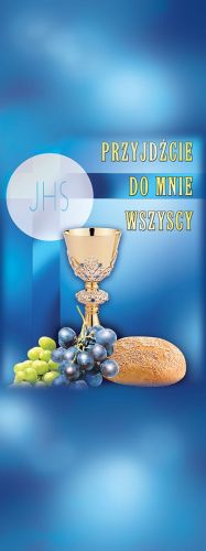 Baner na Boże Ciało "przyjdźcie do mnie" niebieski 75x200 cm