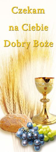 Baner na Boże Ciało "Czekam na.." biały 75x200 cm