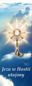 Baner na Boże Ciało "Jezu w Hostii.." błękitny 75x200 cm