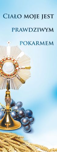 Baner na Boże Ciało "Ciało moje jest.." błękitny 75x200 cm
