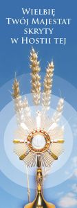 Baner na Boże Ciało "Wielbię Twój.." błękitny 75x200 cm