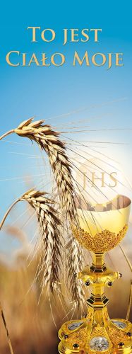 Baner na Boże Ciało "To jest ciało.." błękitny 75x200 cm