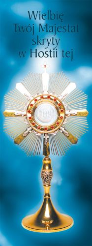 Baner na Boże Ciało "Wielbię twój.." niebieski 75x200 cm