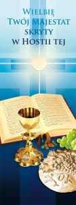 Baner na Boże Ciało "Wielbię Twój.." niebieski 75x200 cm
