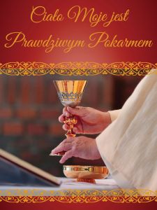 Baner na Boże Ciało "Ciało moje jest prawdziwym pokarmem" 75x100 cm