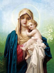 Plakat religijny Matka Boża i Dzieciątko Jezus w objęciach