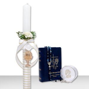 Zestaw na Pierwszą Komunię - świeca personalizowana, różaniec w pudełku i modlitewnik, okapnik GRATIS