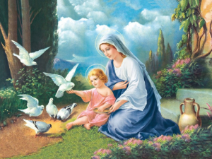 Plakat religijny Matka Boża i Dzieciątko Jezus z gołąbkami