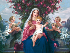 Plakat religijny Matka Boża i Dzieciątko Jezus z Aniołkami