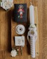 Zestaw na Pierwszą Komunię - świeca personalizowana, różaniec w etui i modlitewnik, okapnik GRATIS