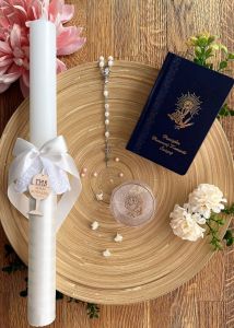 Zestaw na Pierwszą Komunię - świeca personalizowana, różaniec w etui i modlitewnik, okapnik GRATIS