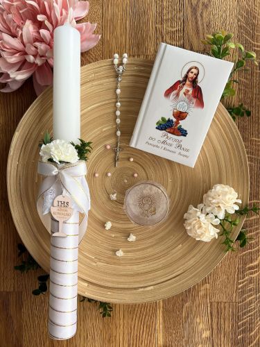 Zestaw na Pierwszą Komunię - świeca personalizowana, różaniec w etui i modlitewnik, okapnik GRATIS