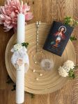 Zestaw na Pierwszą Komunię - świeca personalizowana, różaniec w etui i modlitewnik, okapnik GRATIS