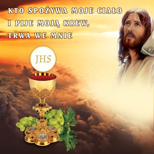 Baner na Boże Ciało "Kto spożywa moje ciało i pije krew moją trwa we mnie" 150x150 cm