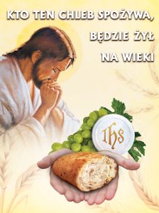 Baner na Boże Ciało "Kto ten chleb spożywa będzie żył na wieki" 75x100 cm