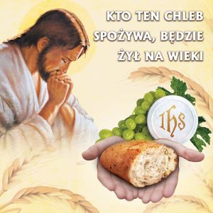 Baner na Boże Ciało "Kto ten chleb spożywa będzie żył na wieki" 150x150 cm